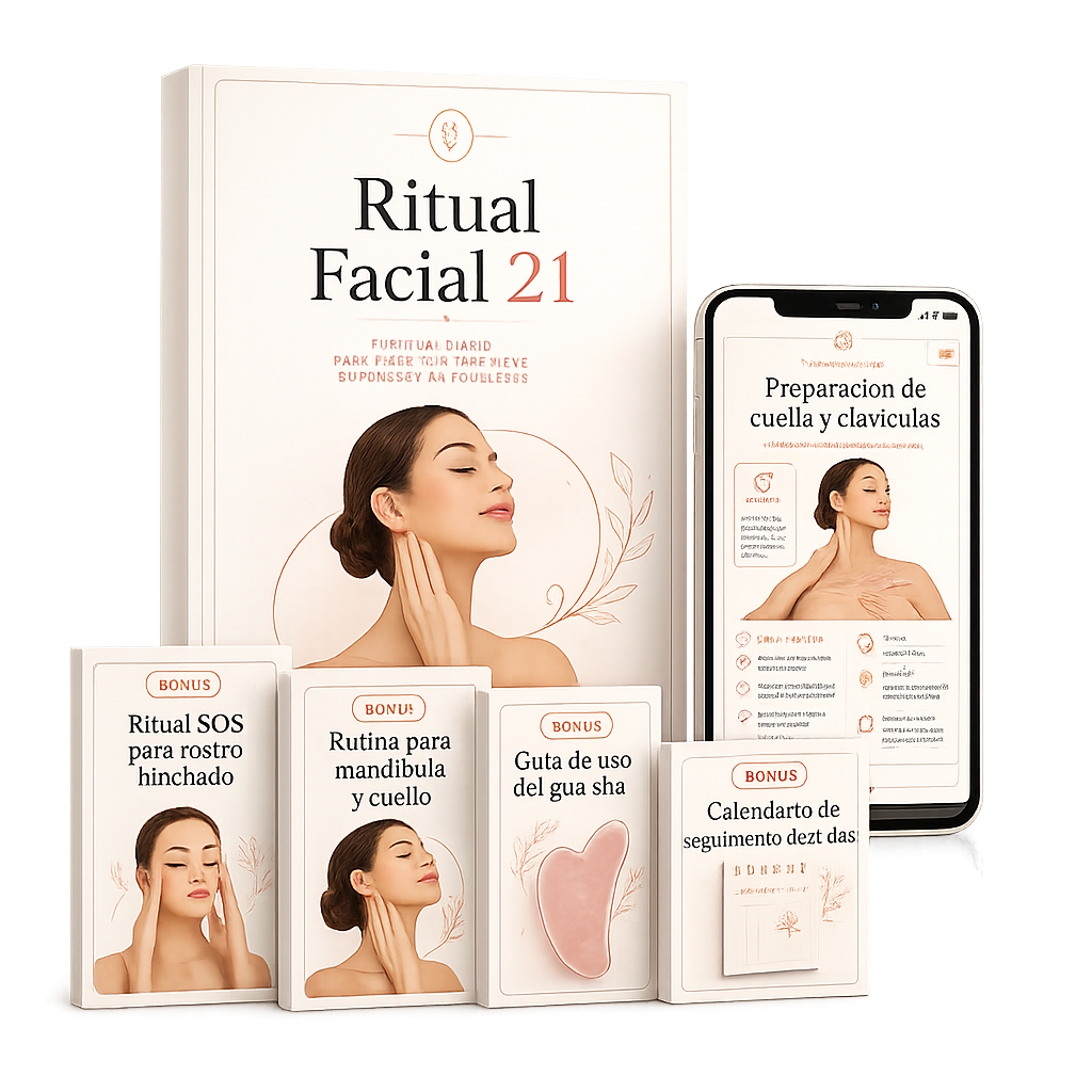 Mockup del guía Ritual Facial 21 con bonos y app móvil