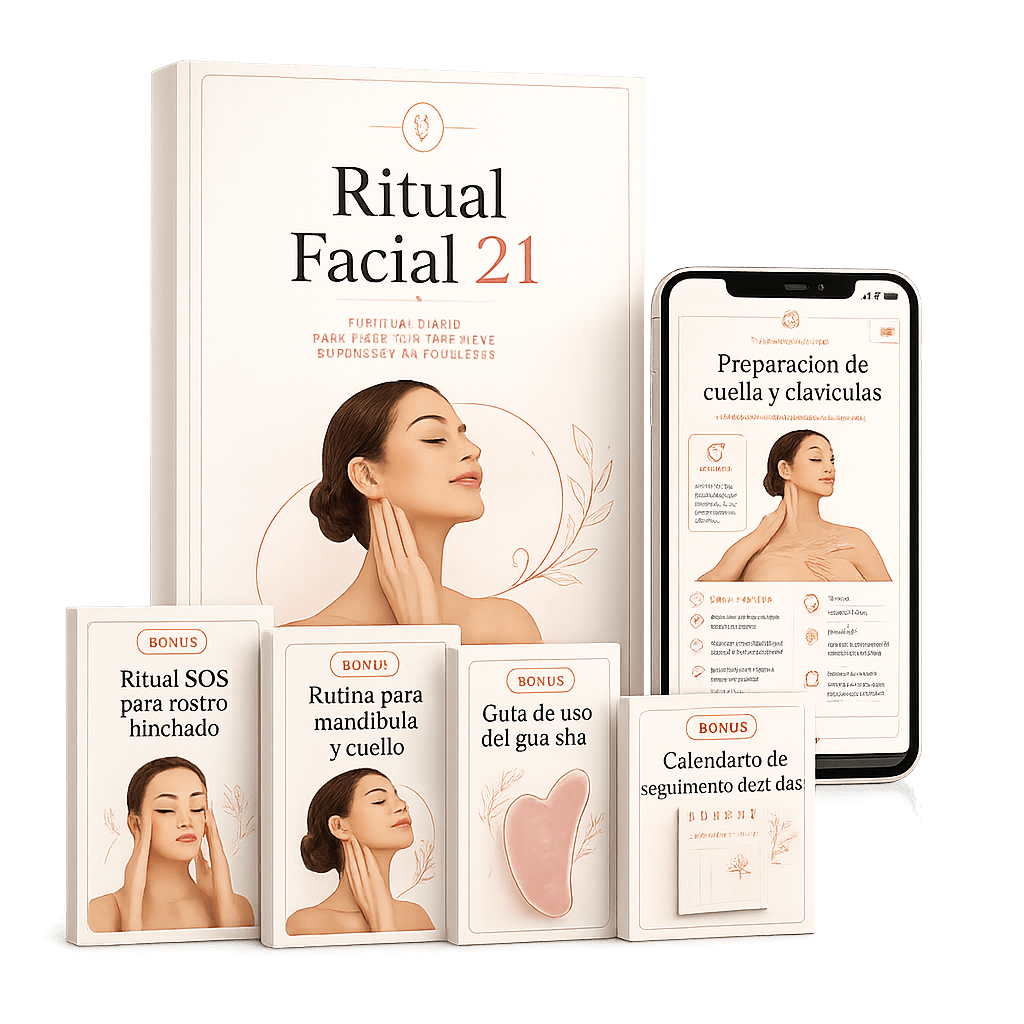 Mockup del guía Ritual Facial 21 con bonos y app móvil